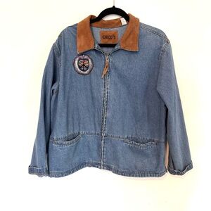Chico's Blue Denim Jacket with Brown Suede Collar. Beaded medallion on back.